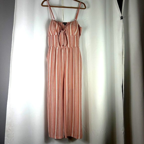 As U Wish Spaghetti Straps, Built in Bra Peach Pink Crepe Stripe Jumpsuit Sz XL - Picture 1 of 13